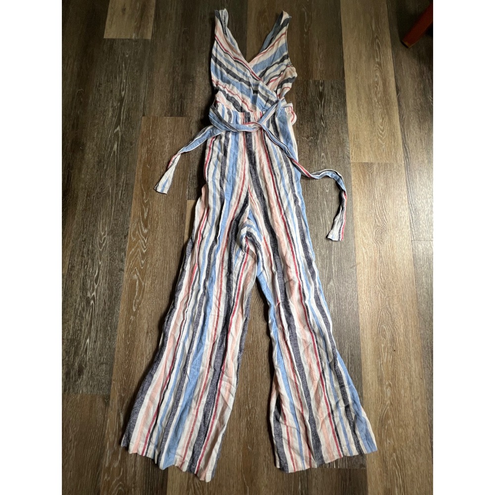 Indigo Rein Jumpsuit Womens Large Blue Red Stripe Excellent Wide Leg Tie Waist